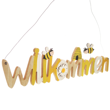 Holzschild "Willkommen" mit Bienen